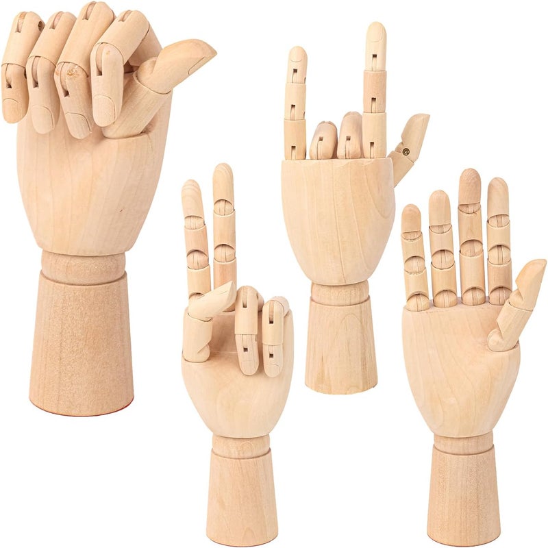 IHDYPPEW 4 Pack 10 Inch Wooden Hand Model, Flexible Left and Right Wood Art Mannequin Wooden Artist Hand Model, Wooden Manikin Hand for Sketching, Painting, Sample Display and Home Decor - Image 1